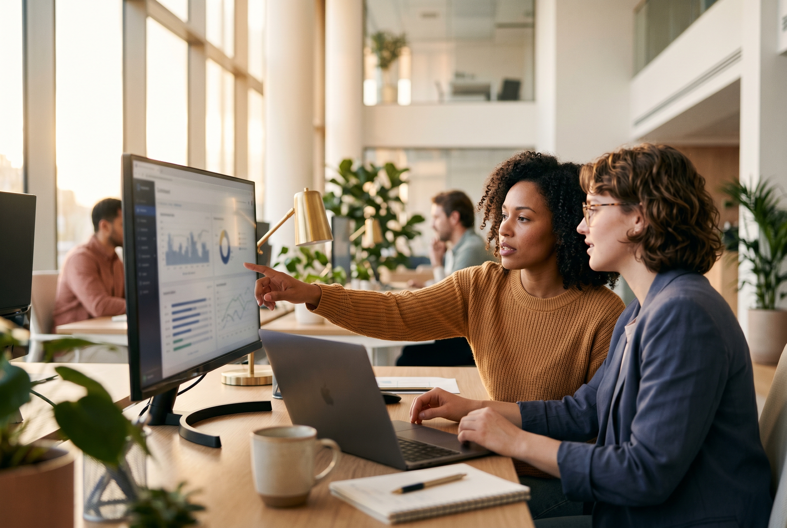 Two colleagues reviewing store analytics on a wide monitor in a bright modern office at golden hour