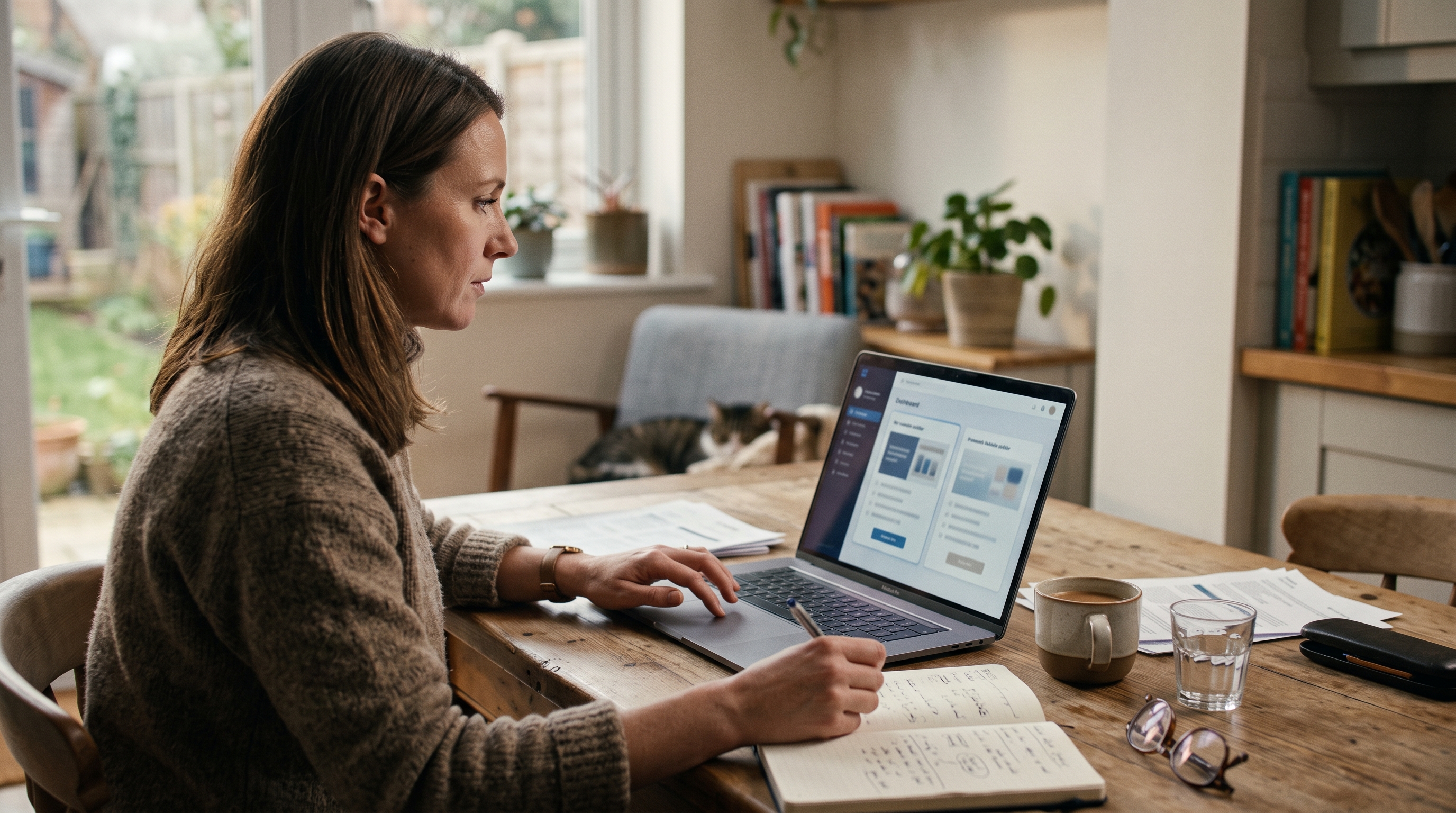 Small business owner comparing two website builders on a laptop at a kitchen table with coffee and notes