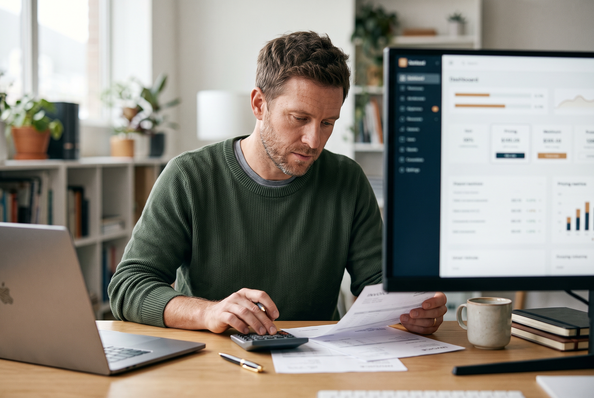 Founder reviewing subscription invoices and a calculator at a tidy desk with a monitor showing pricing tiers