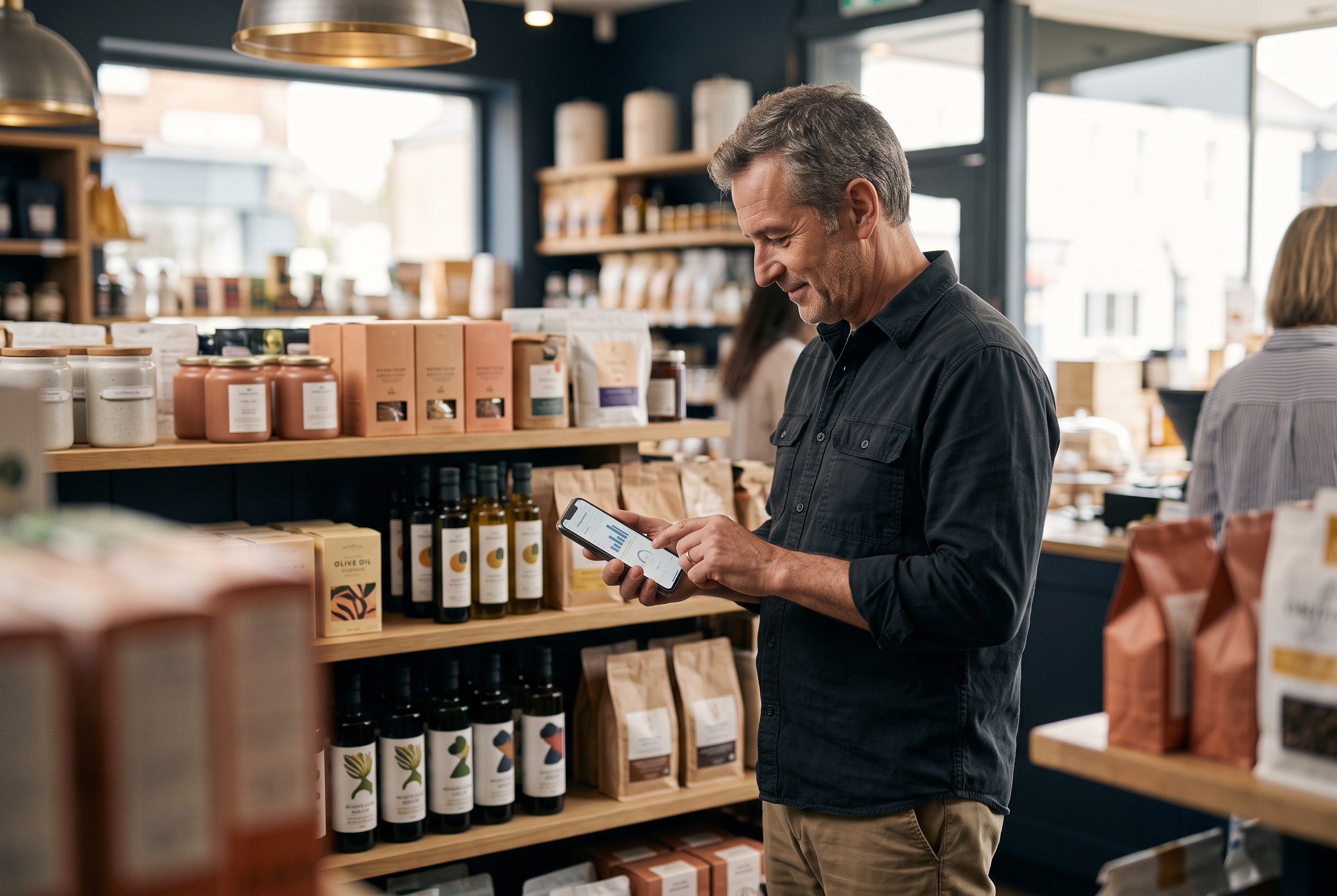 Store owner checking a mobile site speed test on a smartphone while standing near shelves of packaged products