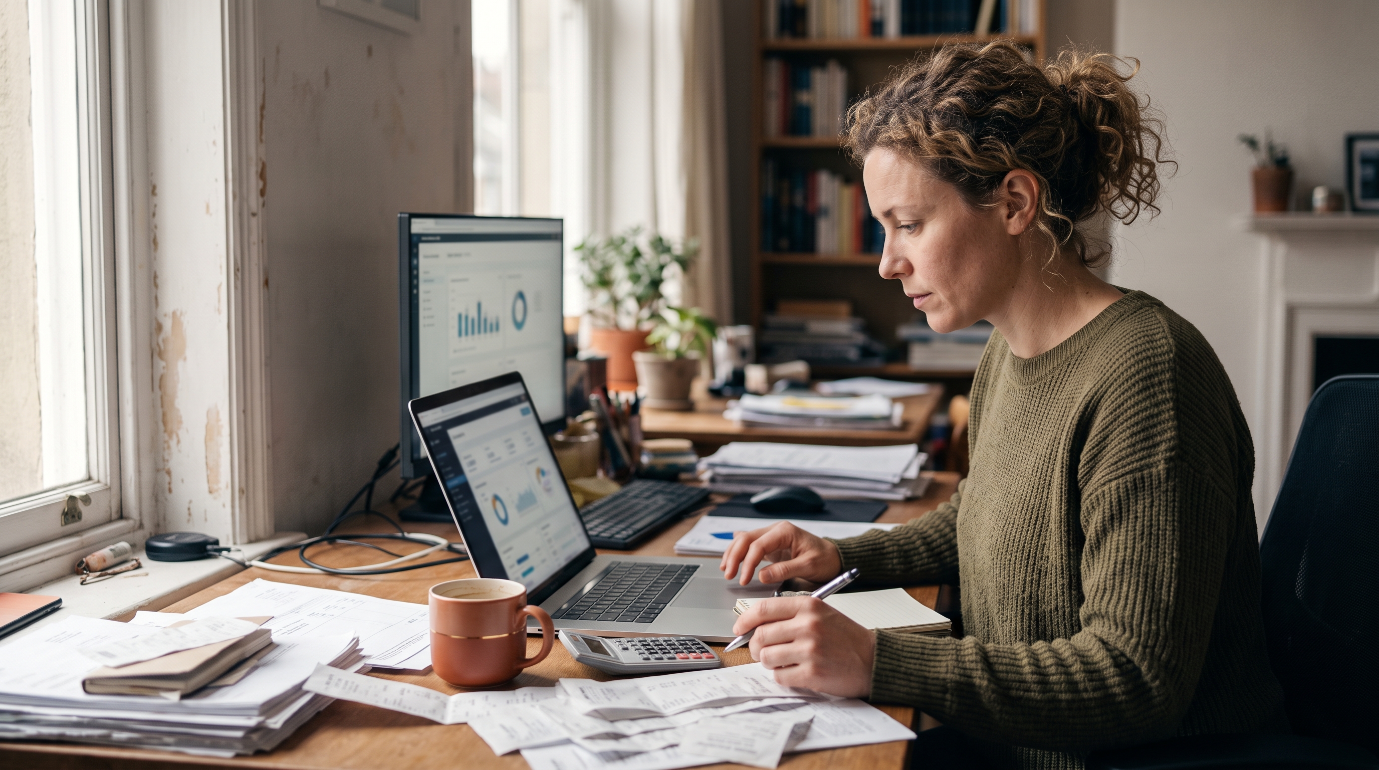 Small business owner reviewing hosting invoices on a laptop at a cluttered home-office desk with coffee and receipts