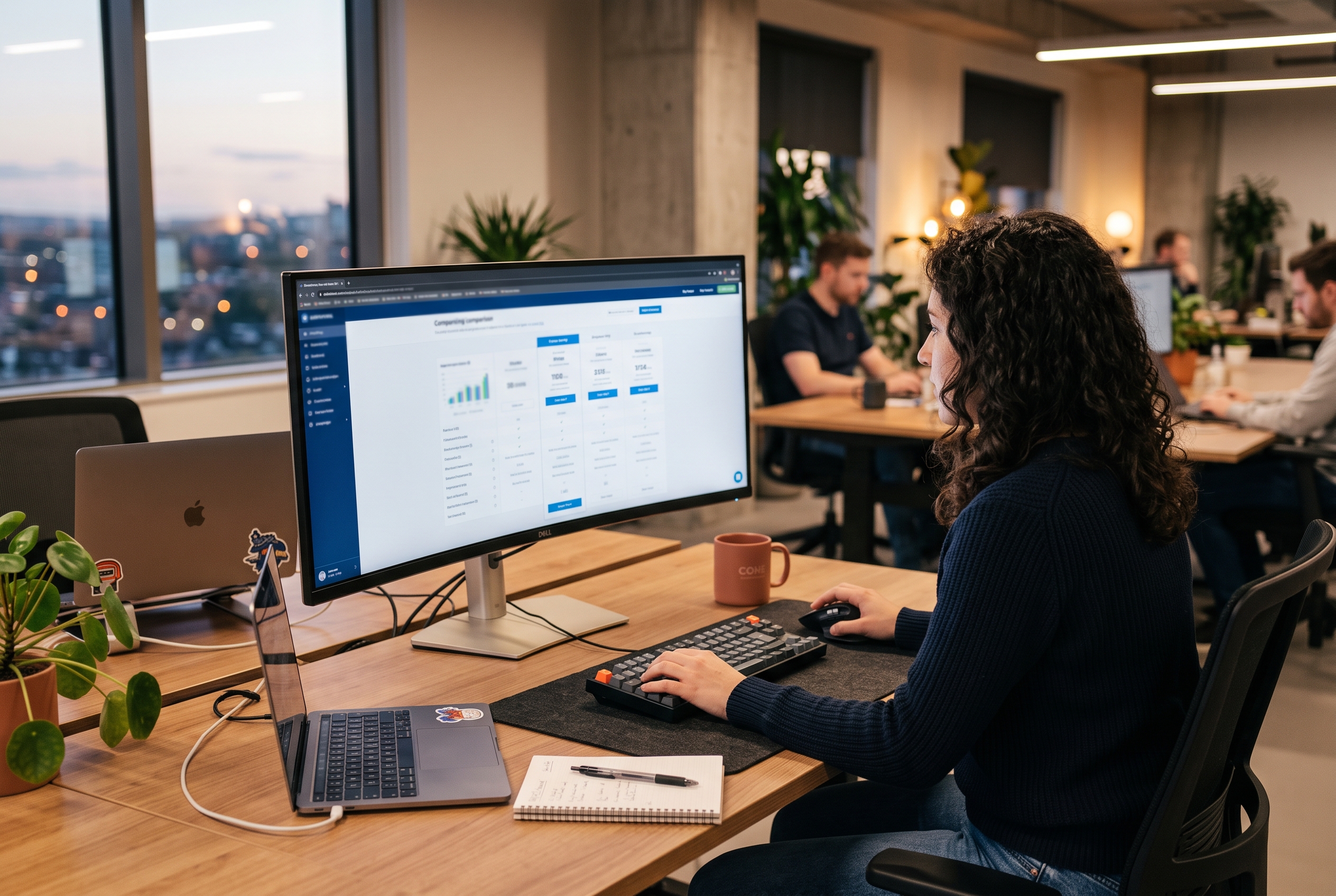 A developer comparing web hosting plans on a wide monitor in a modern office at dusk