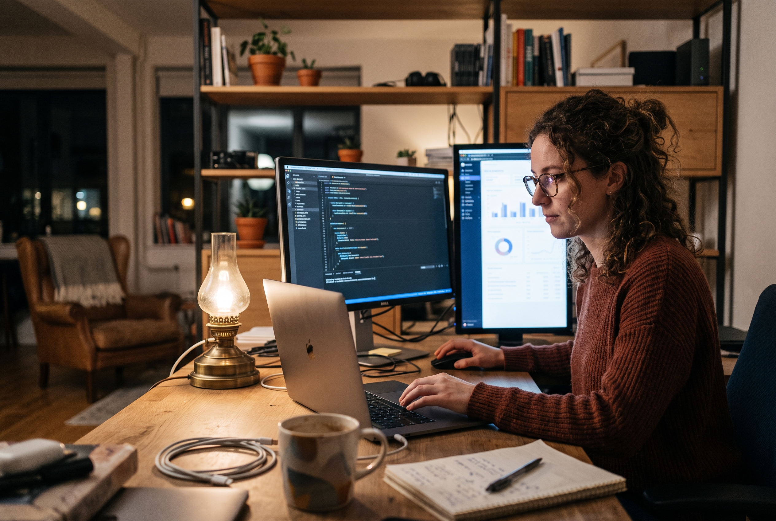 Freelance developer working late at a desk with two screens showing code and a store dashboard
