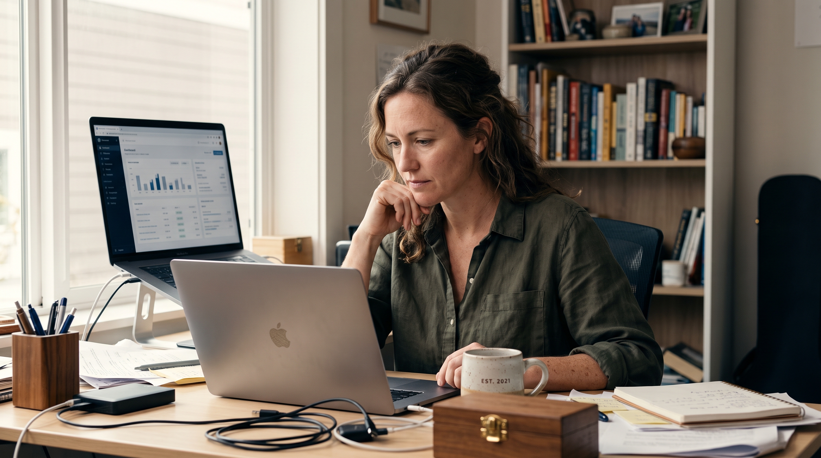 Small business owner reviewing a developer invoice on a laptop at a cluttered home office desk with coffee