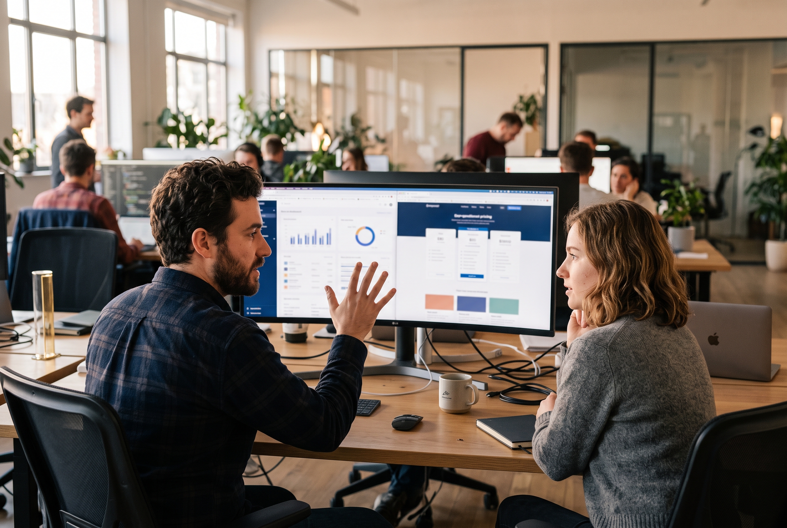 Two developers comparing plugin pricing pages on a wide monitor in a modern office at golden hour