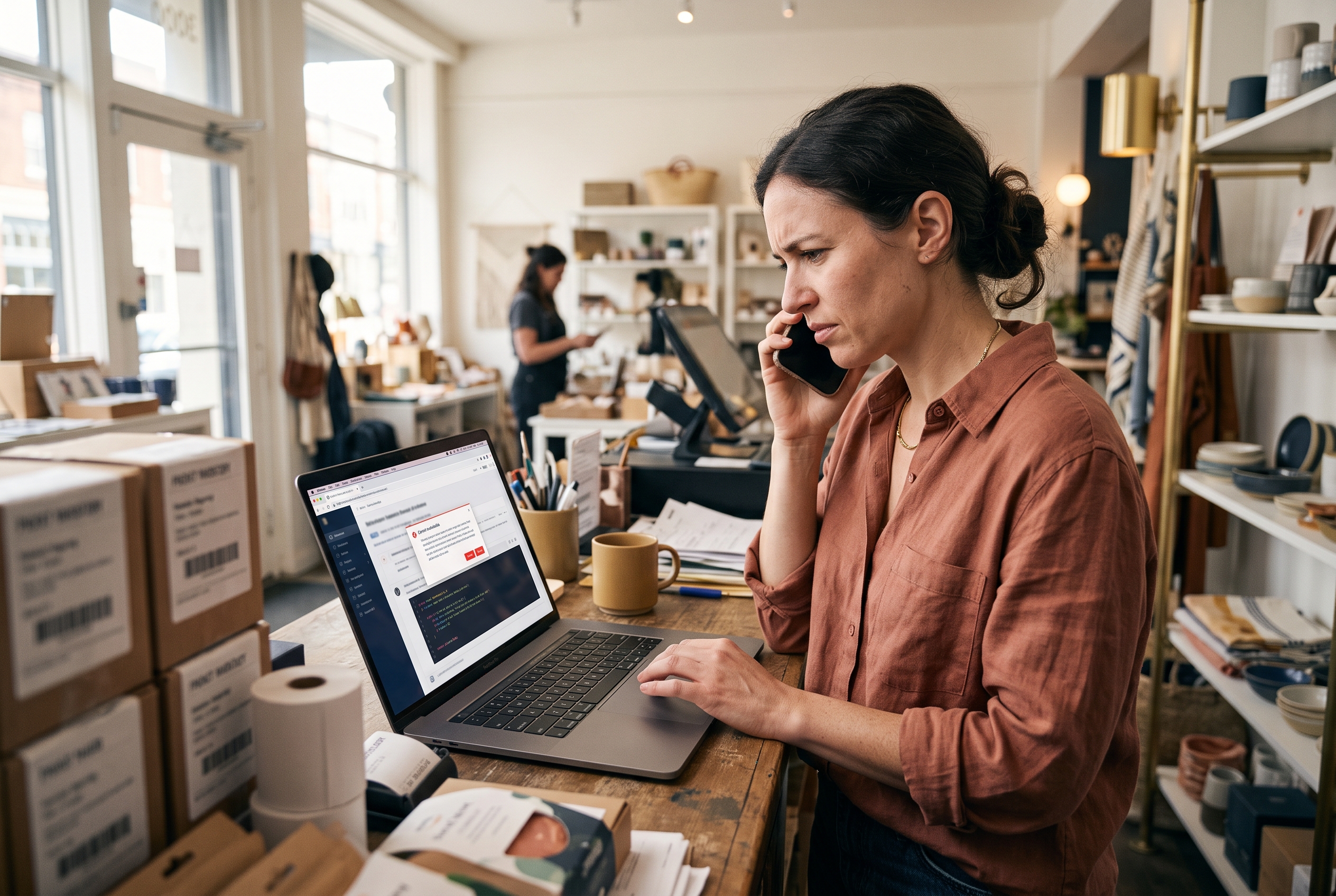 Frustrated store owner on the phone with a developer while staring at an error message on her laptop screen