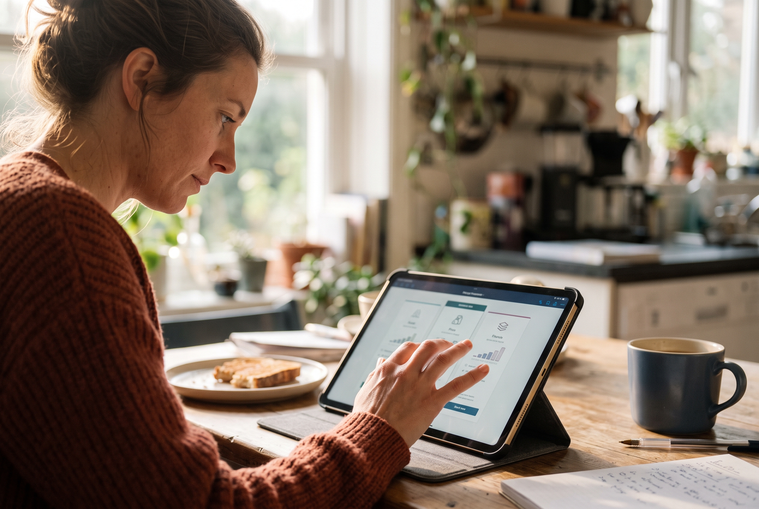 Founder comparing three platform pricing options on a tablet at a kitchen table with morning light