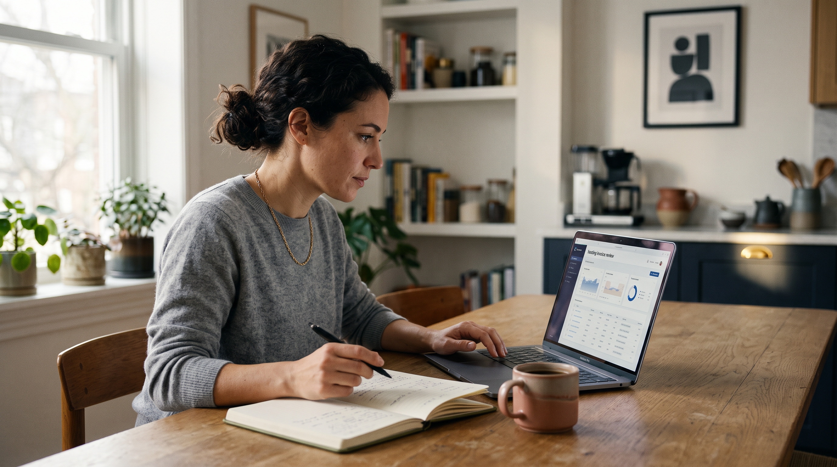 Small business owner reviewing a hosting invoice on a laptop at a kitchen table with coffee and a notebook