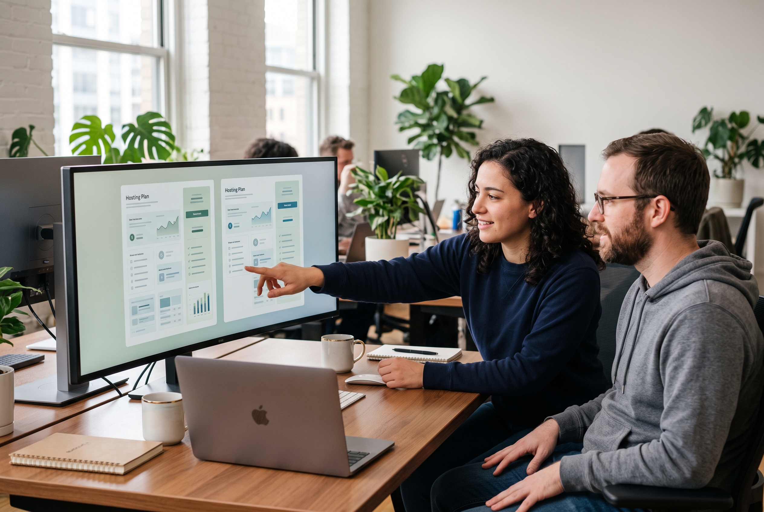 Two developers comparing hosting plans side by side on a wide monitor in a bright office
