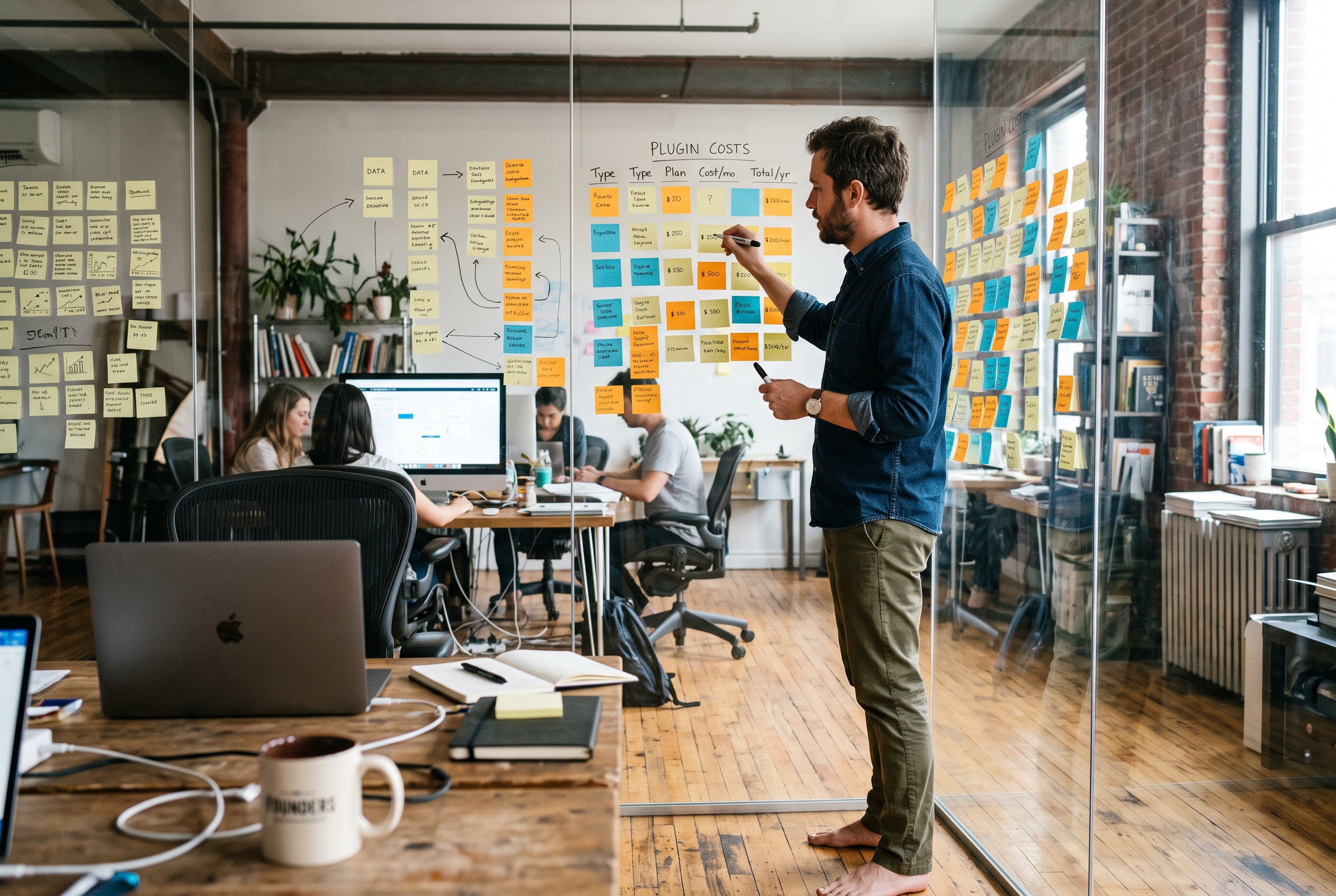 Founder surrounded by sticky notes mapping out plugin costs on a glass wall in a small studio