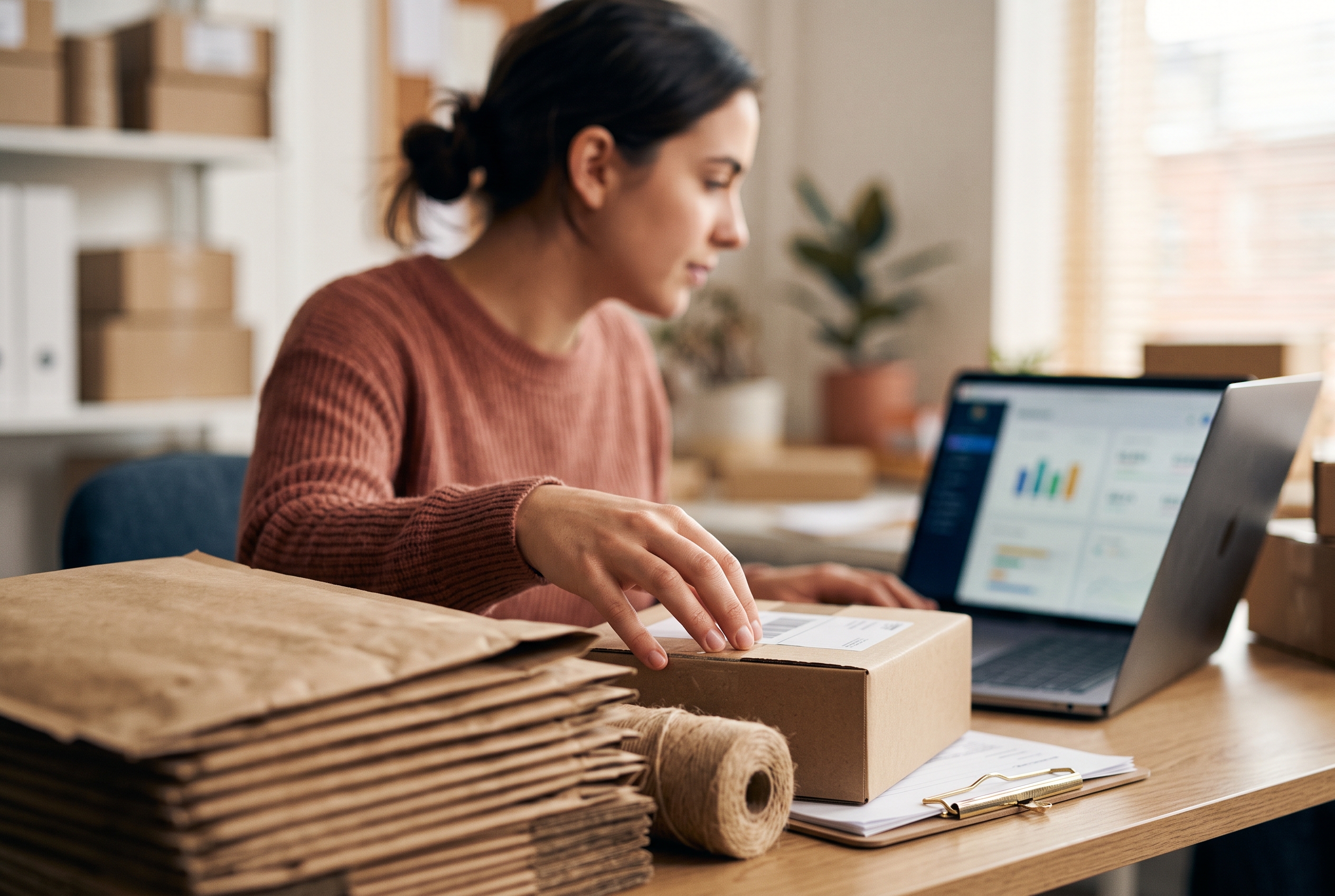 Online seller packing orders at a tidy desk while checking store performance on a laptop in natural light