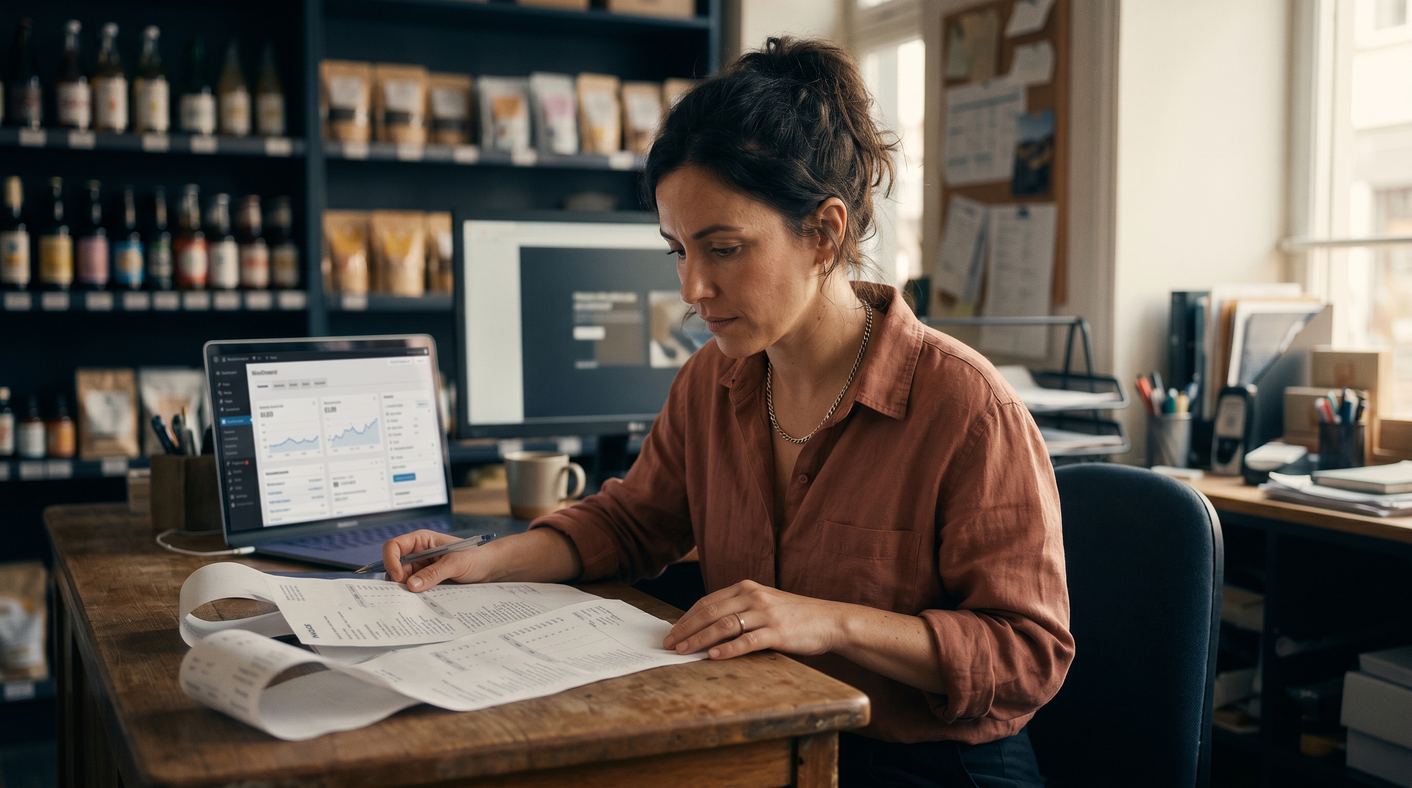 Store owner reviewing a long invoice covered in line items while a laptop shows a WooCommerce dashboard in the background