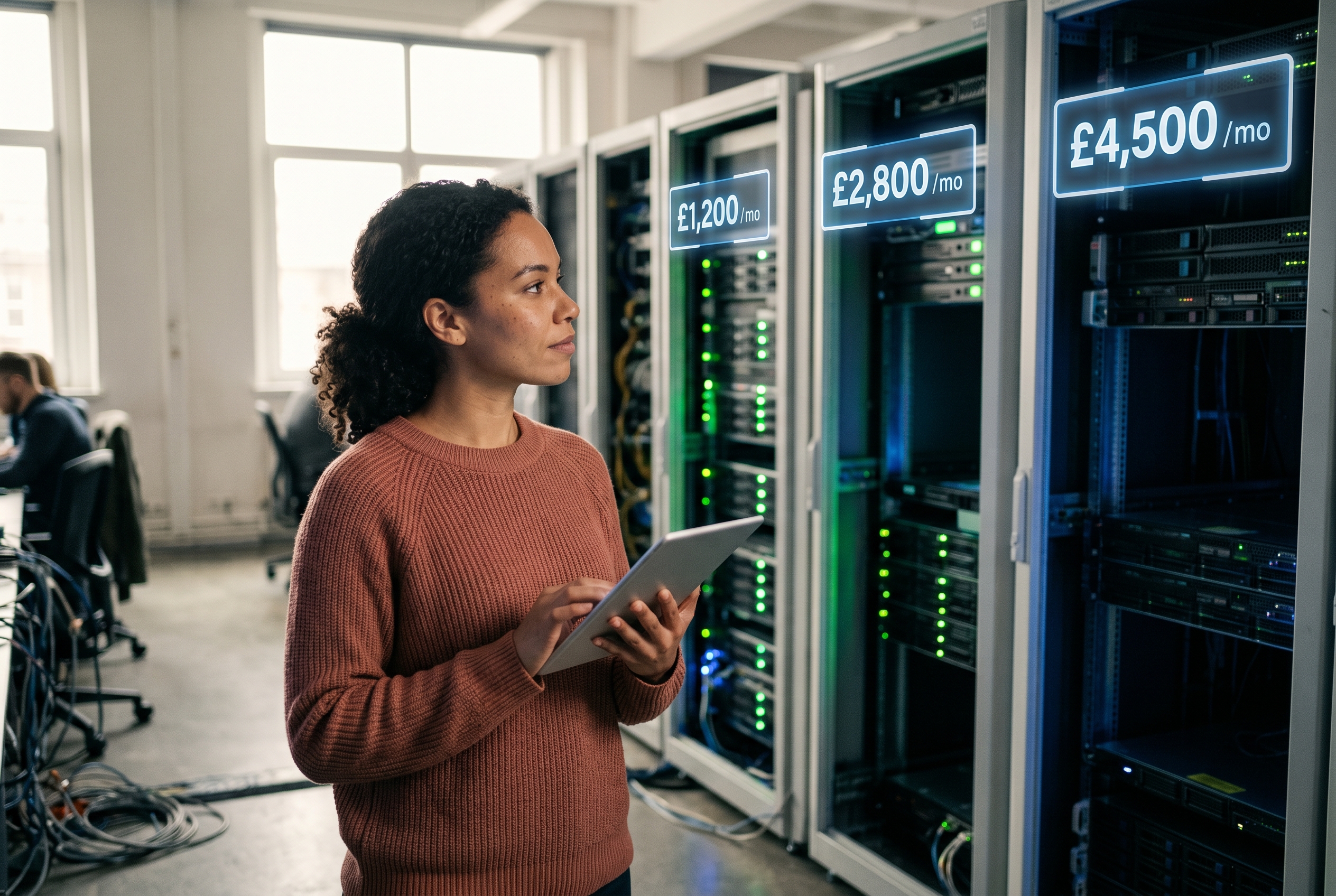 Server racks glowing in a data center with price tags floating above each rack showing increasing monthly costs