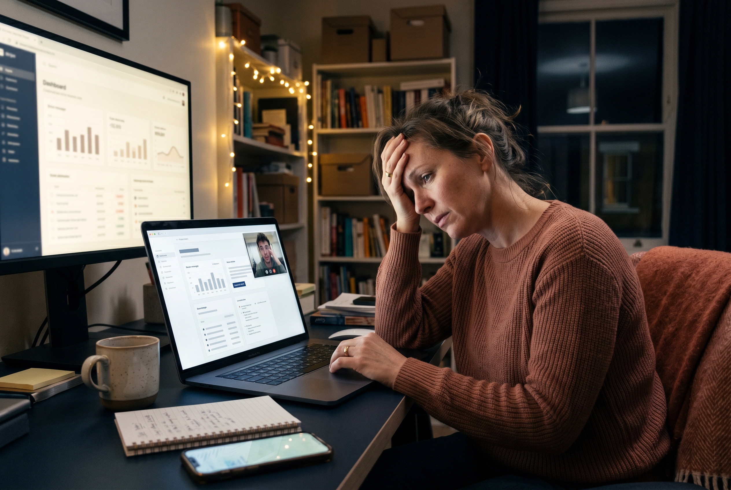 Frustrated merchant on a video call with a developer at midnight while error messages cover the laptop screen