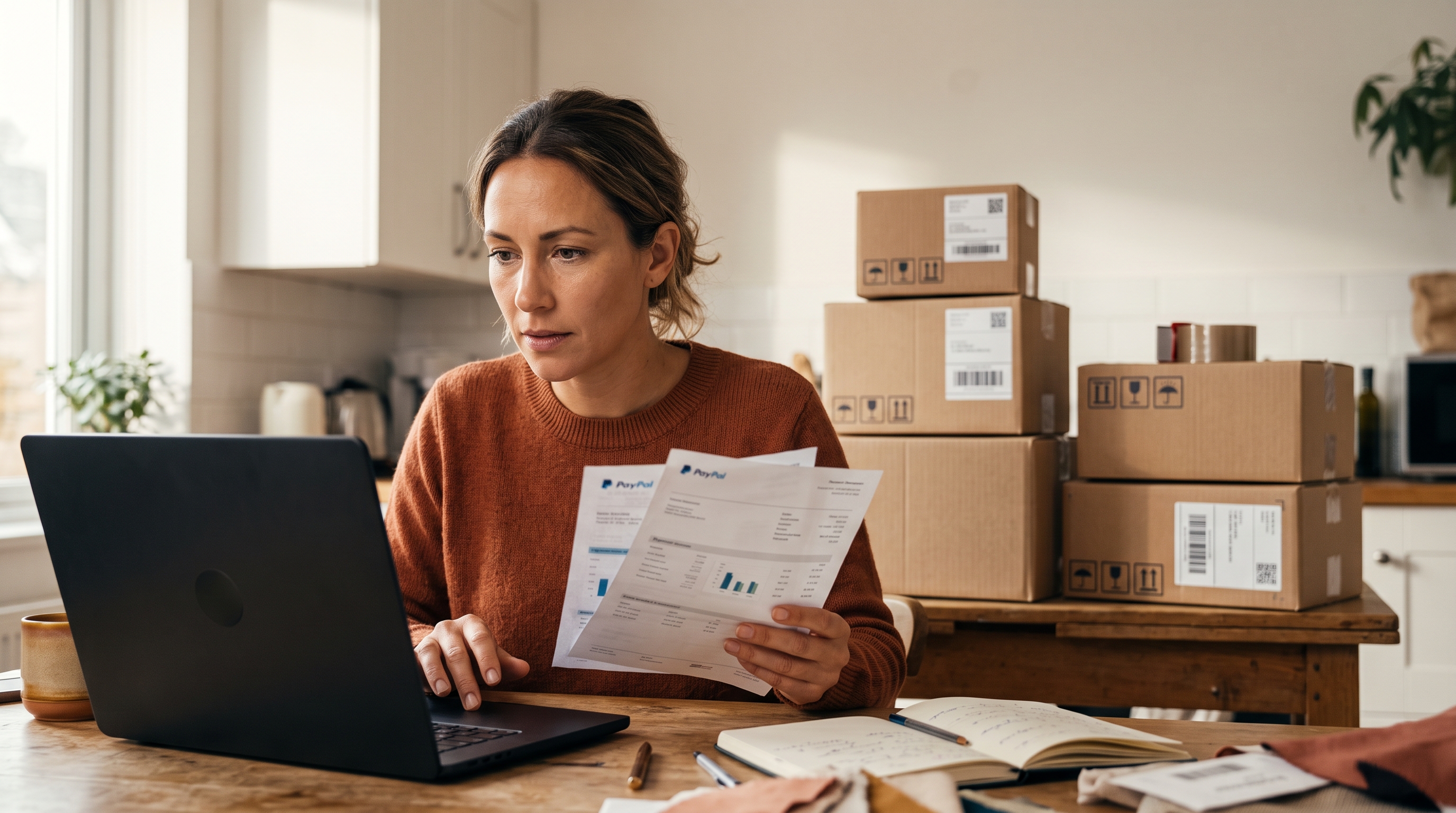Store owner comparing payment processor statements on a laptop at a kitchen table beside packed shipping boxes