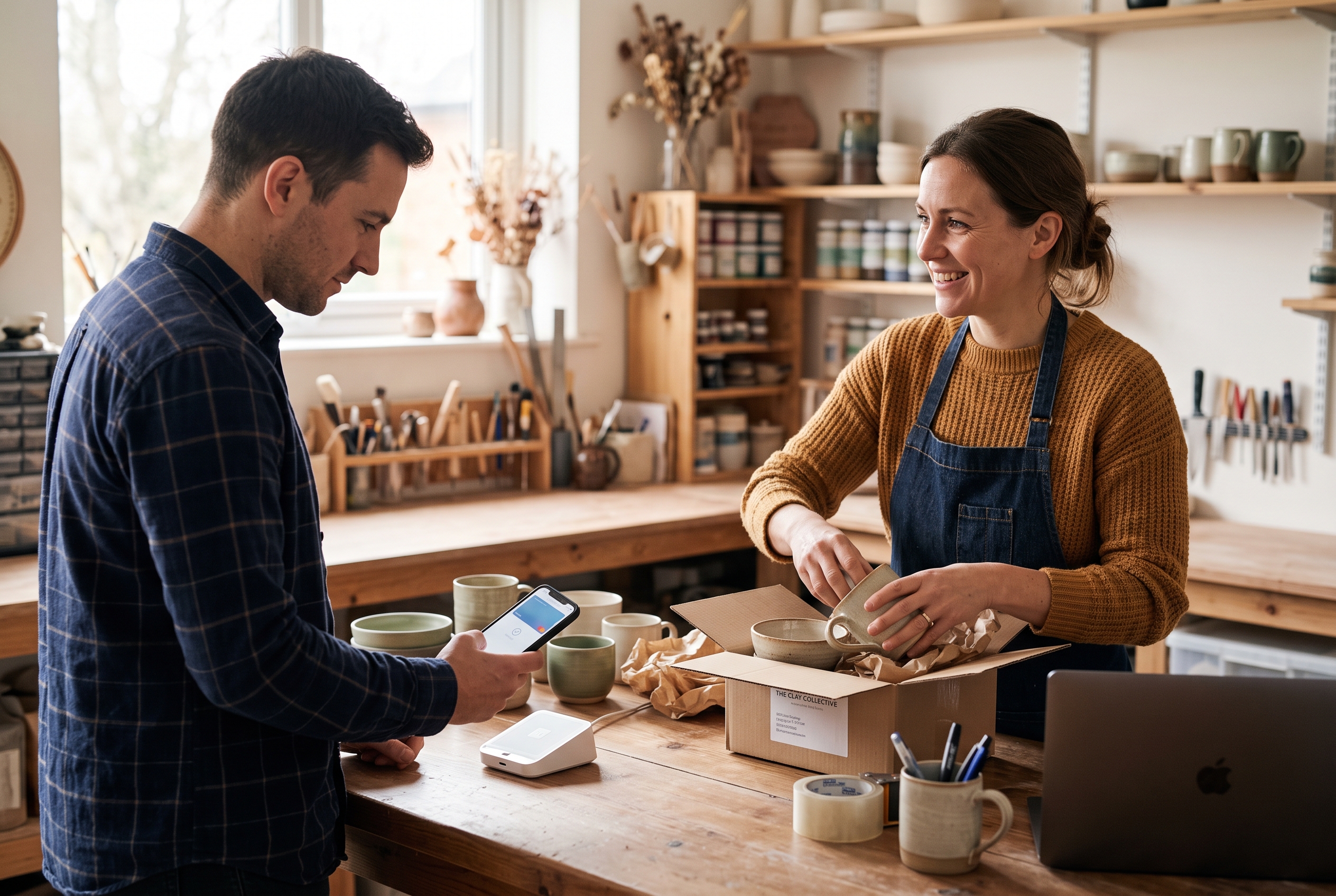 Customer paying on a phone at a wooden desk while a small business owner packs an online order