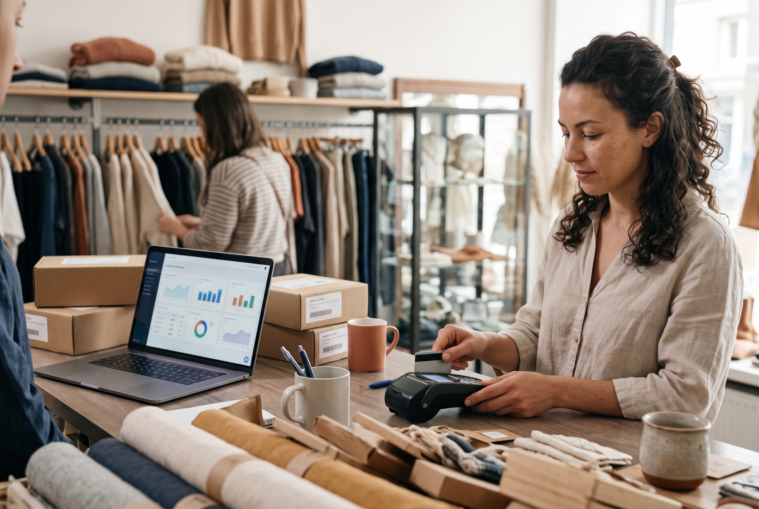 Shop owner at a boutique counter using a card reader while a laptop shows her online store orders