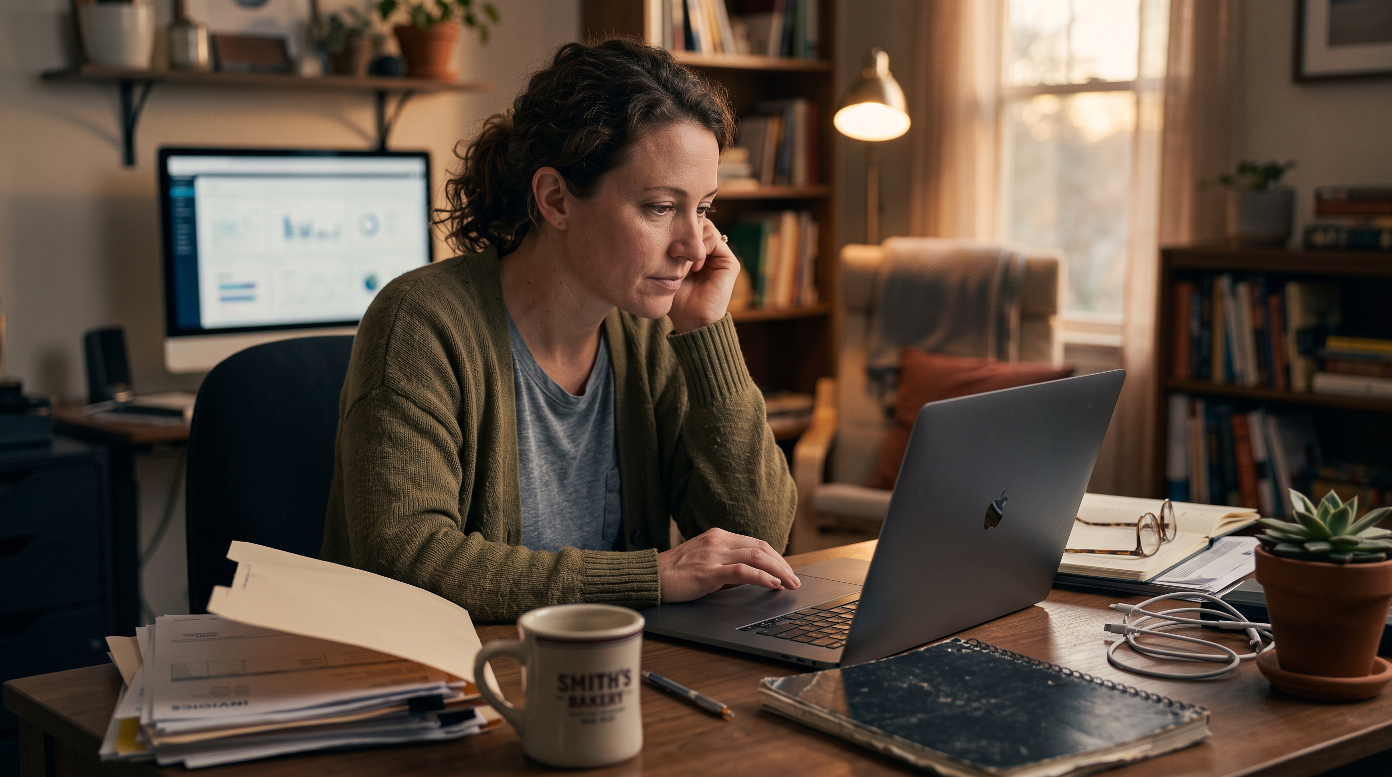 Small business owner reviewing security plugin invoices on a laptop at a cluttered home office desk in the evening