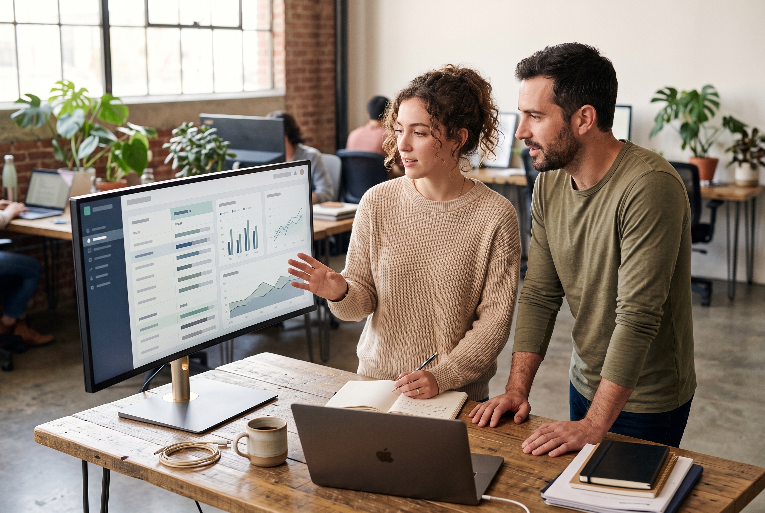 Two people comparing hosting and plugin renewal costs on a wide monitor in a bright coworking space