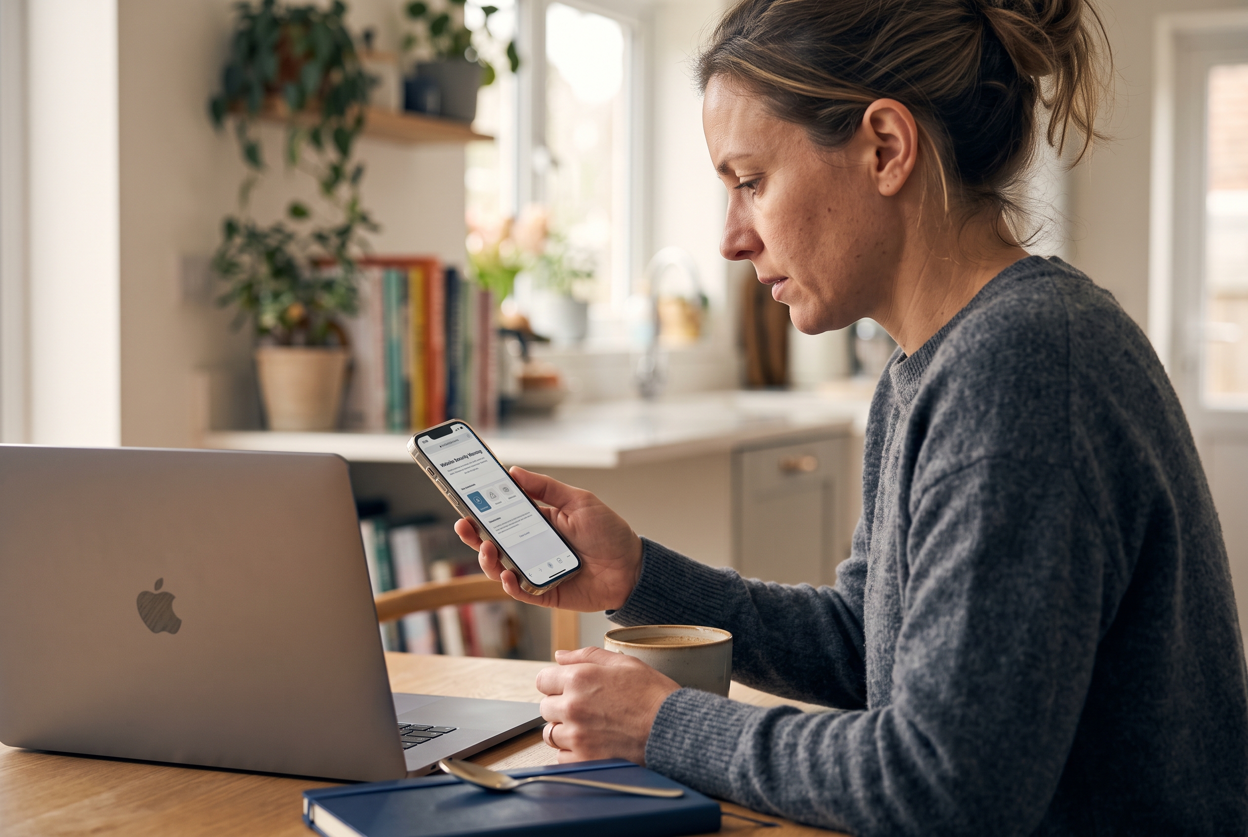 Founder examining a website security warning on her phone over morning coffee at a kitchen table