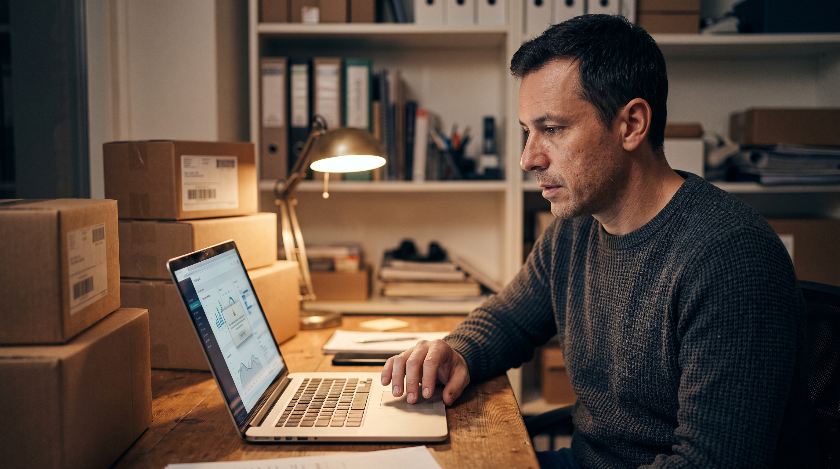 Store owner reviewing a security warning on a laptop late at night in a small home office with shipping boxes nearby