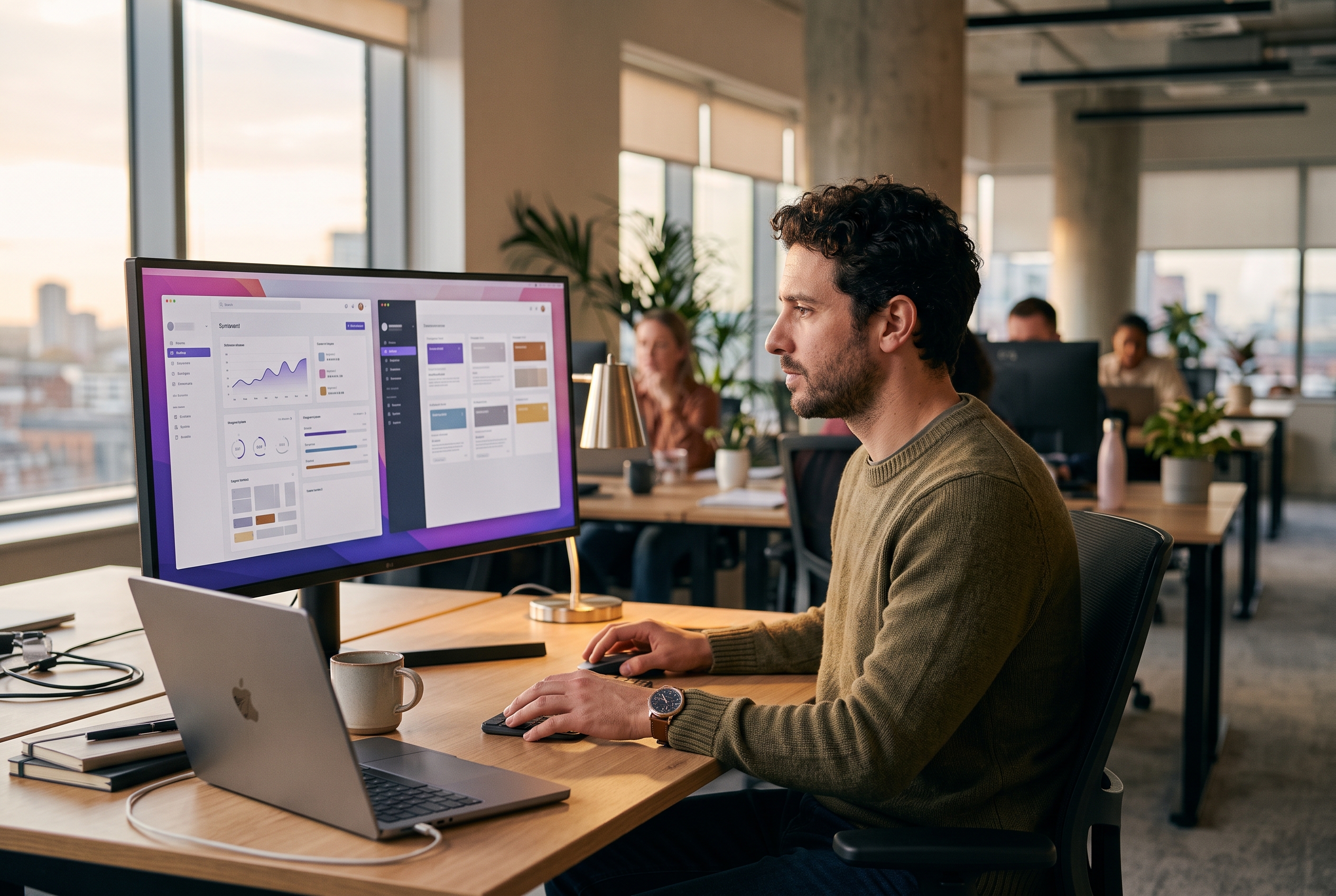 Developer comparing two plugin update screens on a wide monitor in a modern office at golden hour