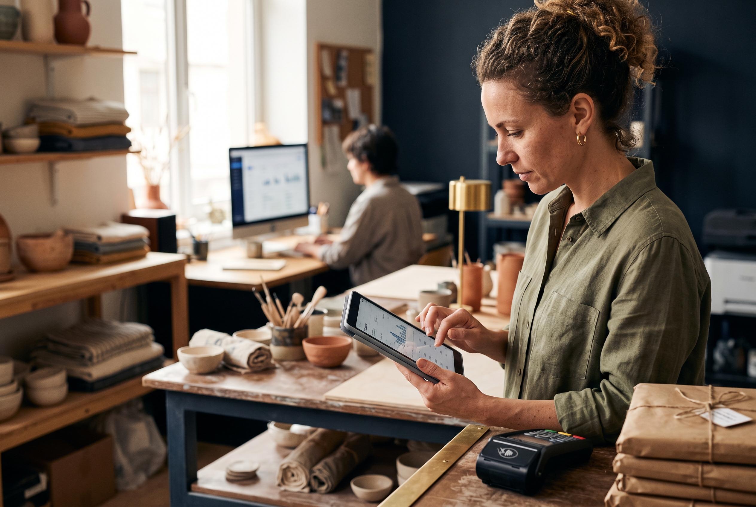 Small business owner checking a payment dashboard on a tablet at a counter with a card reader and packaged orders