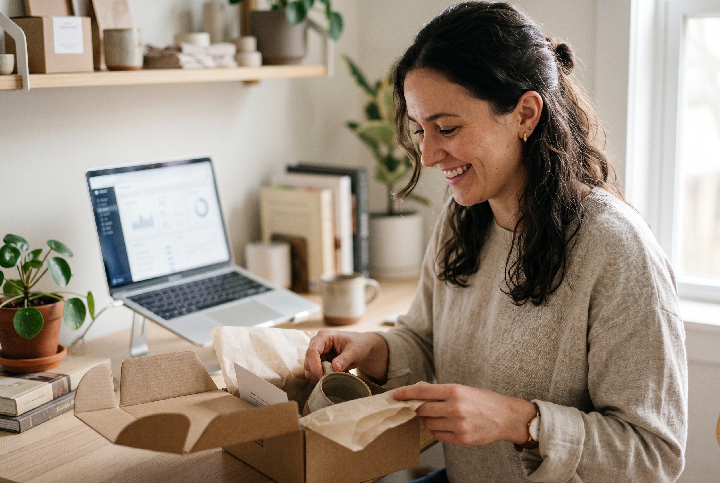 Founder smiling while packing an order at a tidy desk with a laptop showing a clean store dashboard in soft daylight