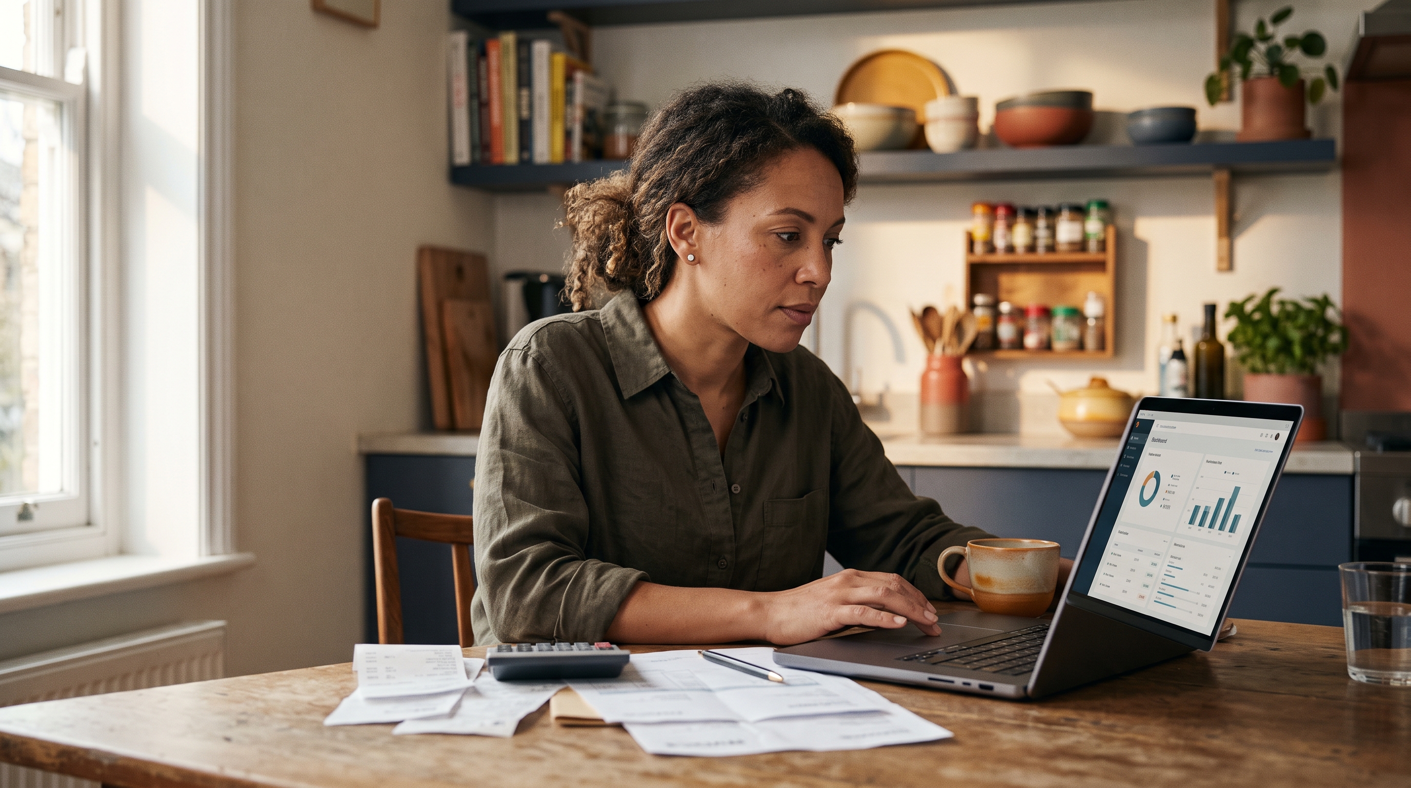 Small business owner reviewing store costs on a laptop at a kitchen table with invoices and coffee nearby