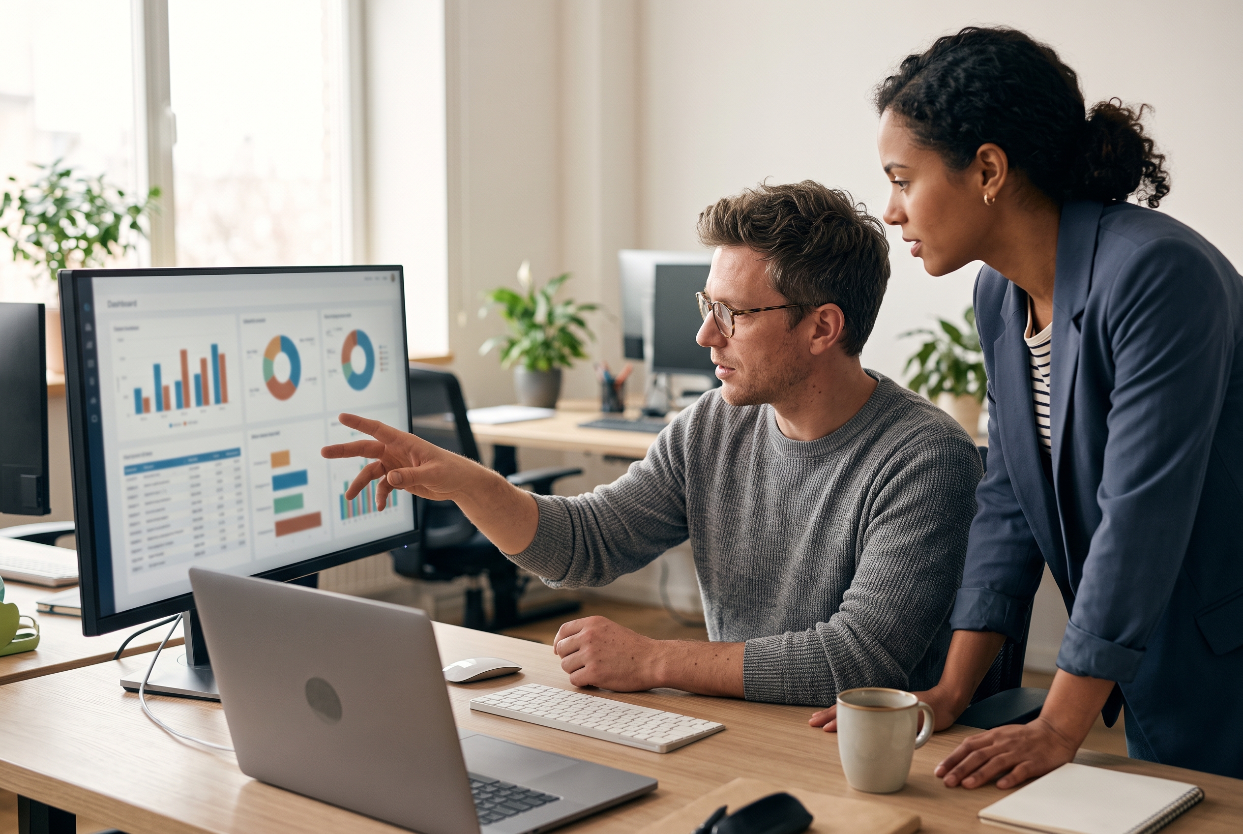 Two people comparing spreadsheets of monthly software costs on a wide monitor in a bright office