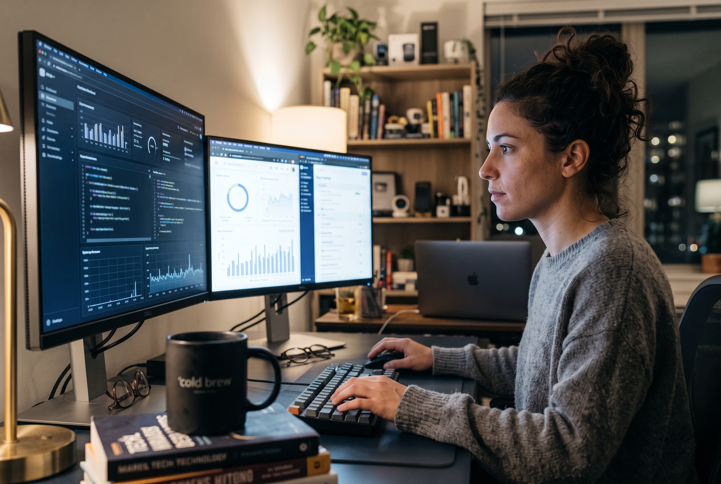 Developer troubleshooting a broken website on two monitors late at night with a mug of coffee going cold