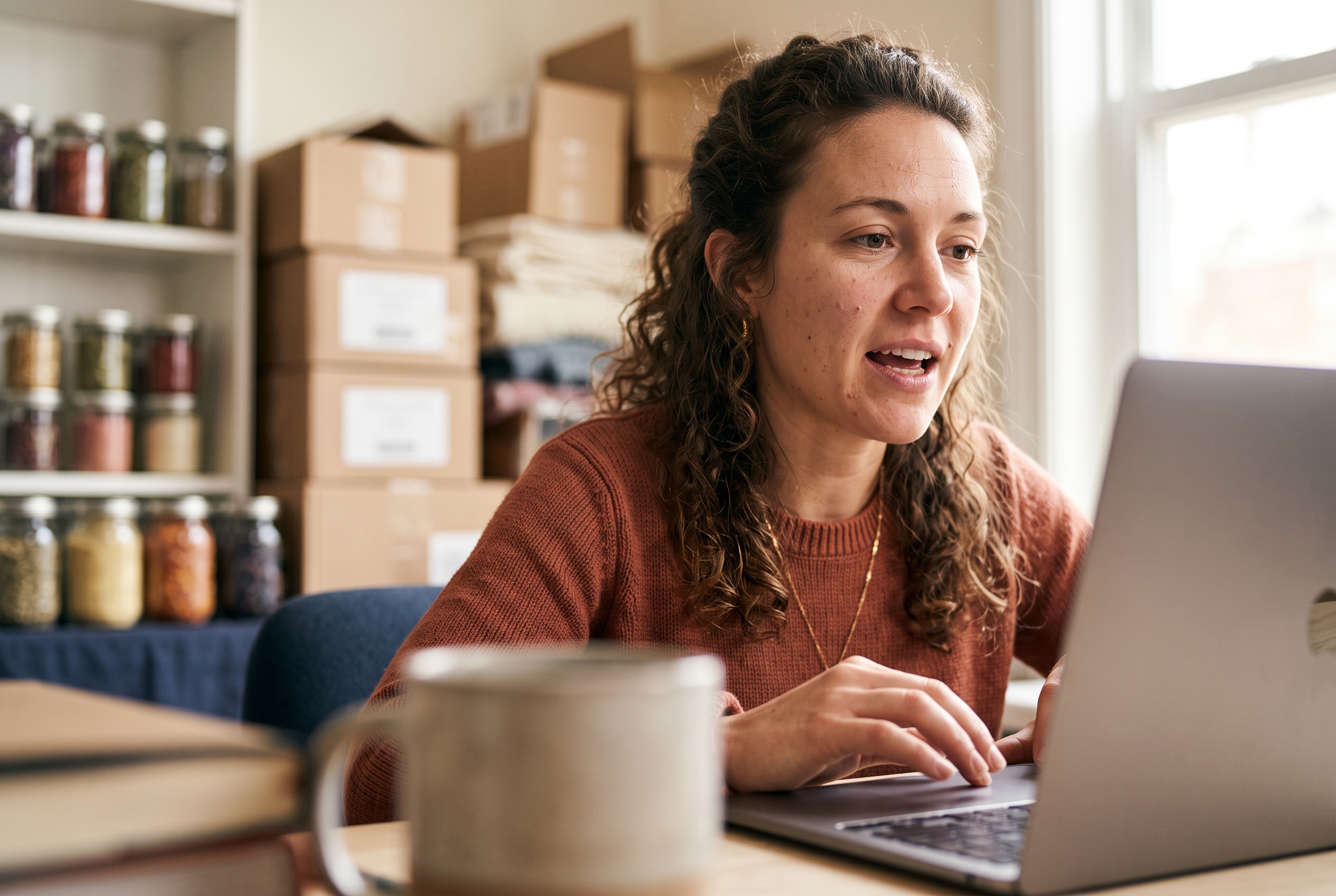 Founder describing her product line out loud while typing on a laptop in a small studio surrounded by inventory