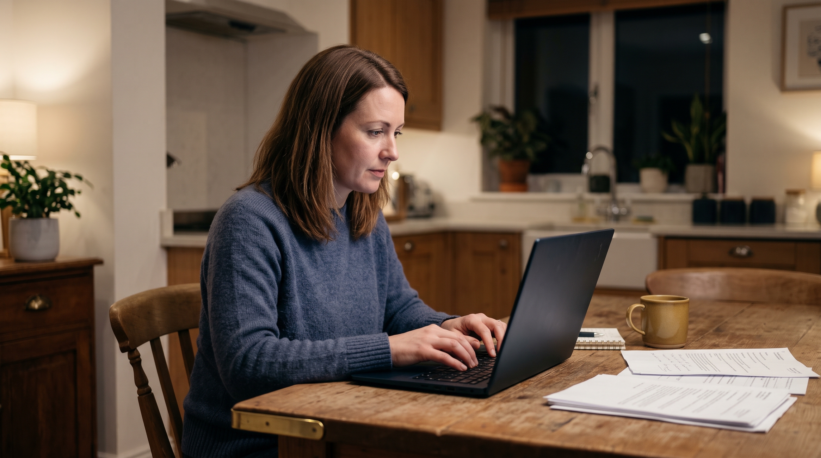 Store owner typing answers to customer questions on a laptop at a kitchen table, with printed support emails beside her