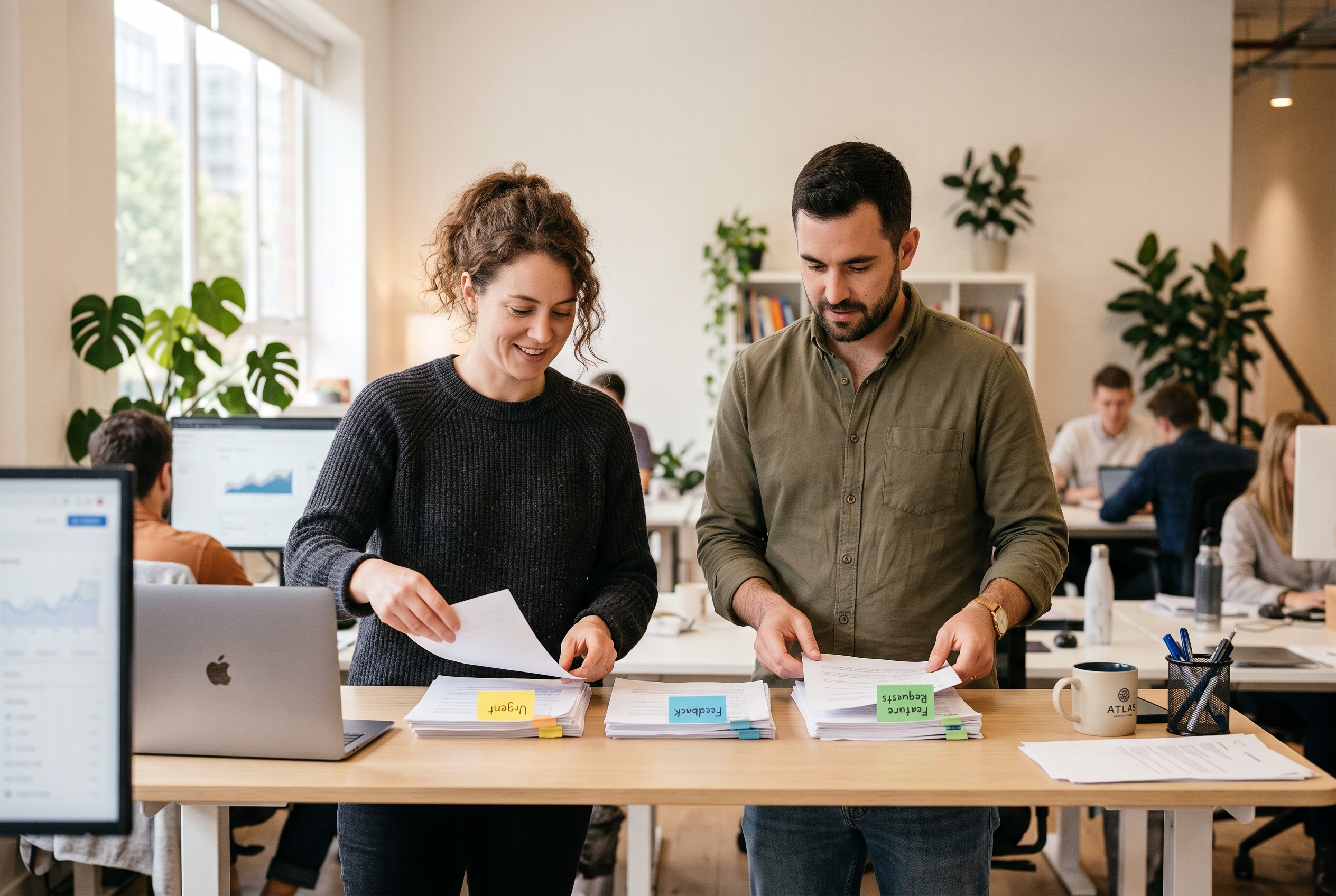 Two teammates at a standing desk sorting printed customer questions into three stacks with sticky notes