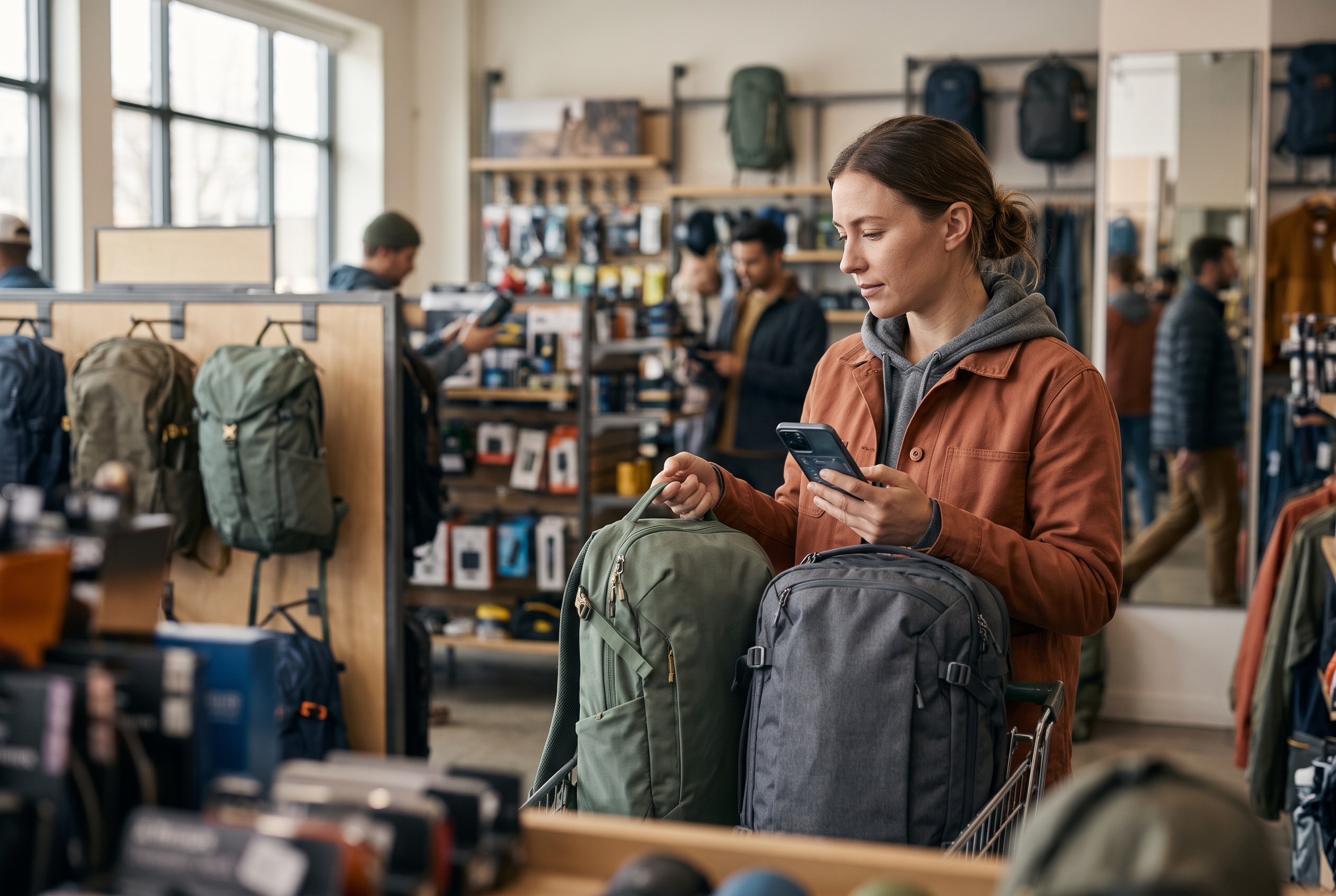Shopper holding two backpacks side by side in an outdoor gear shop while checking specs on her phone