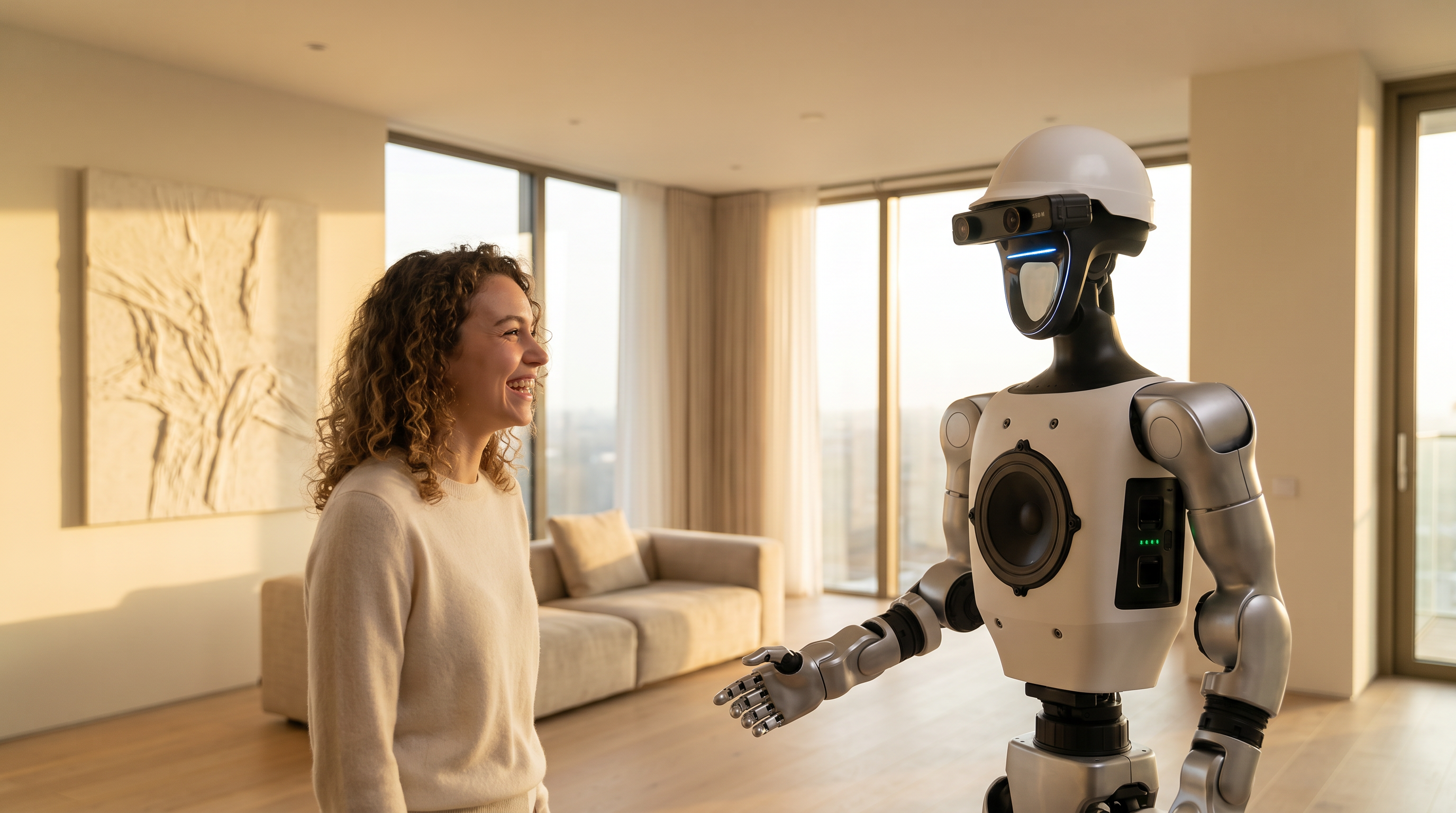 Unitree G1 humanoid in a sunlit apartment greeting a person