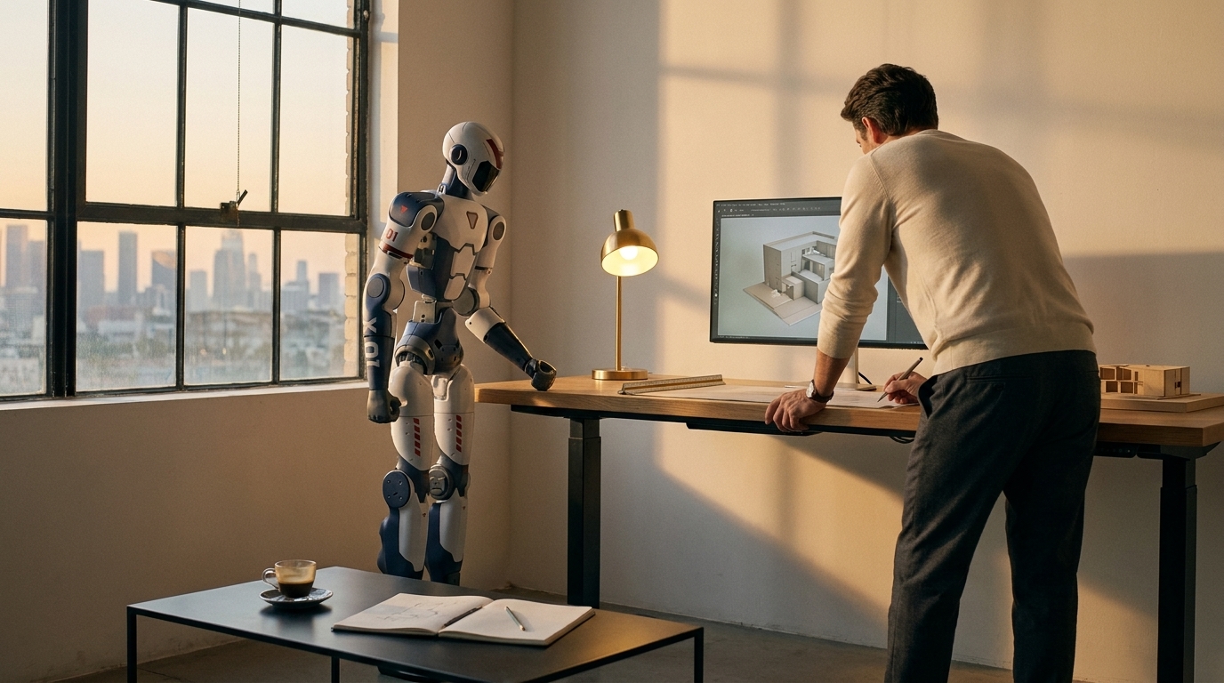 Unitree R1 compact humanoid on a cream studio backdrop